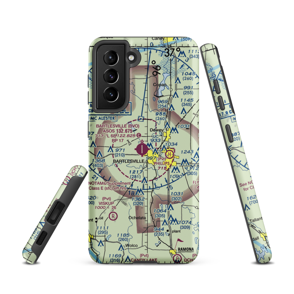 Bartlesville Municipal Airport (BVO) VFR Sectional Samsung Phone Case Samsung Galaxy S21 model shown