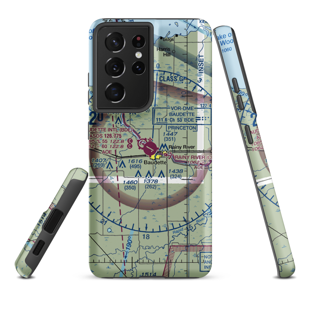 Baudette International Airport (BDE) VFR Sectional Samsung Phone Case Samsung Galaxy S21 Plus model shown