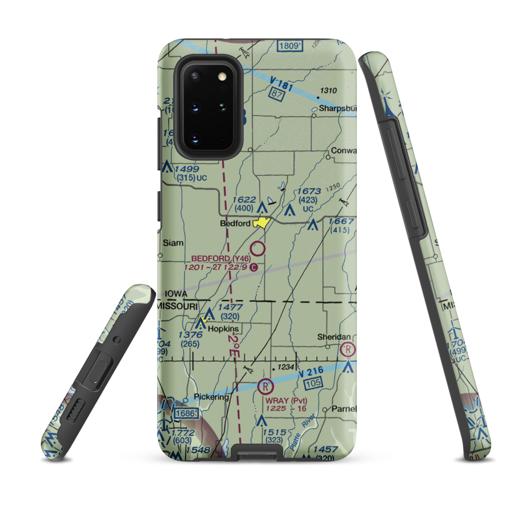 Bedford Municipal Airport (Y46) VFR Sectional Samsung Phone Case Samsung Galaxy S20 Plus model shown