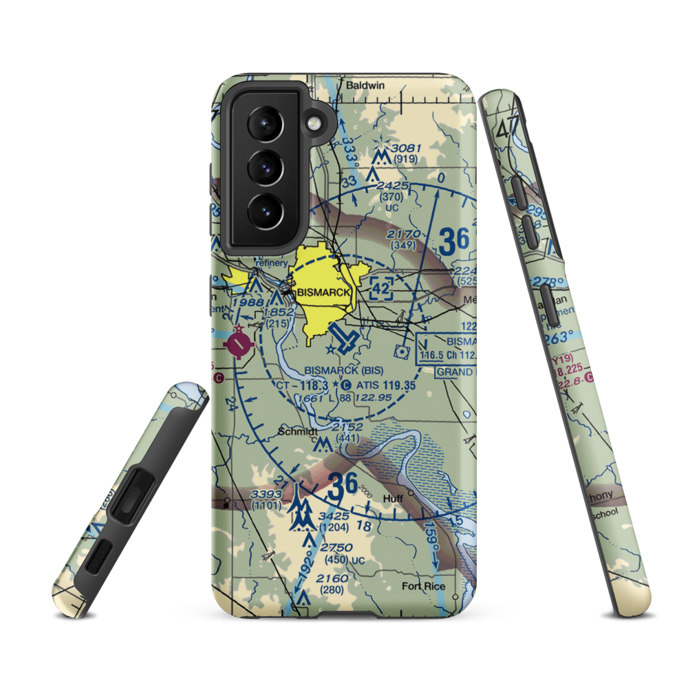 Bismarck Municipal Airport (BIS) VFR Sectional Samsung Phone Case Samsung Galaxy S21 FE model shown