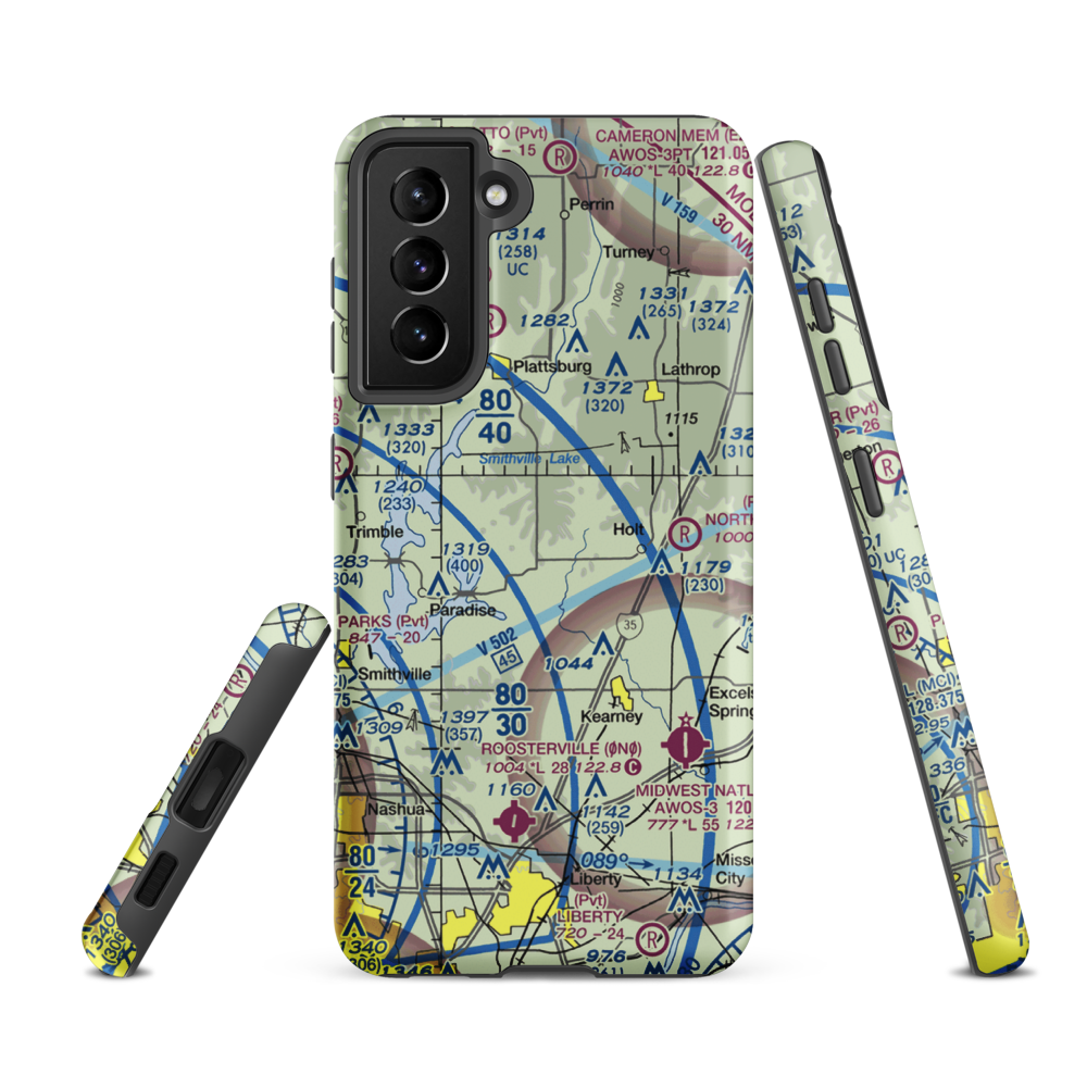 Block Air Village Airport (MO71) VFR Sectional Samsung Phone Case Samsung Galaxy S21 FE model shown