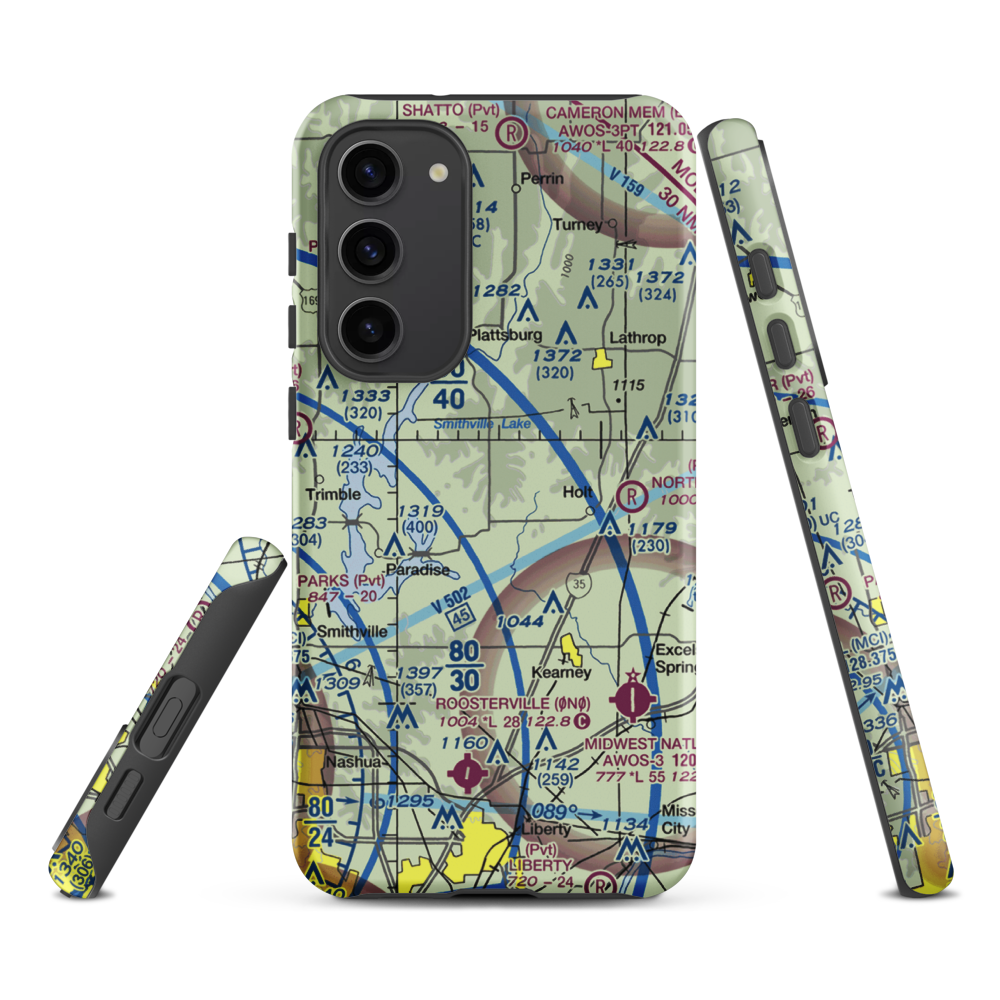 Block Air Village Airport (MO71) VFR Sectional Samsung Phone Case Samsung Galaxy S23 Plus model shown