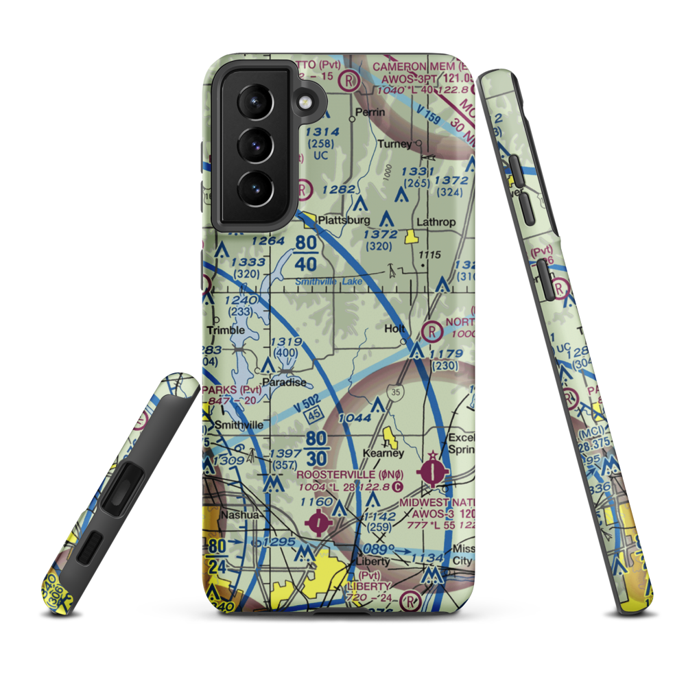 Block Air Village Airport (MO71) VFR Sectional Samsung Phone Case Samsung Galaxy S21 Plus model shown