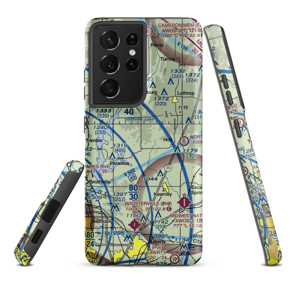 Block Air Village Airport (MO71) VFR Sectional Samsung Phone Case Samsung Galaxy S21 Plus model shown