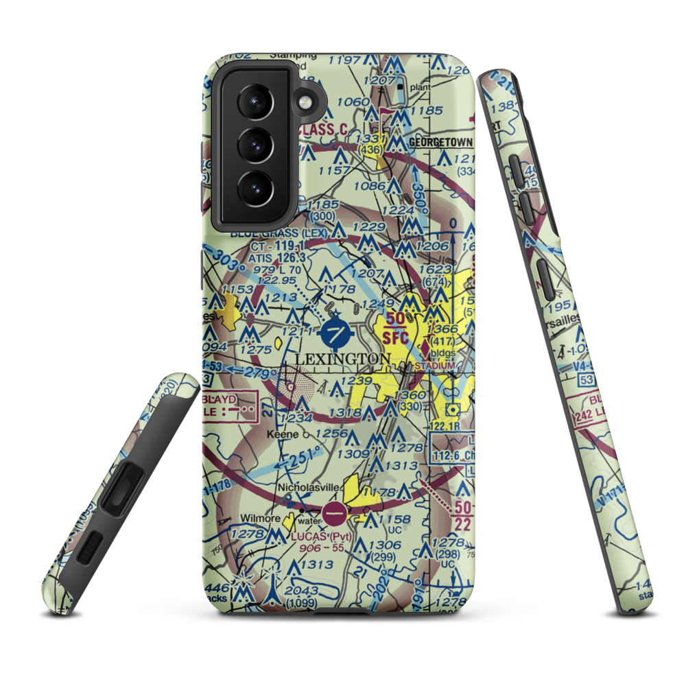 Blue Grass Airport (LEX) VFR Sectional Samsung Phone Case Samsung Galaxy S21 FE model shown