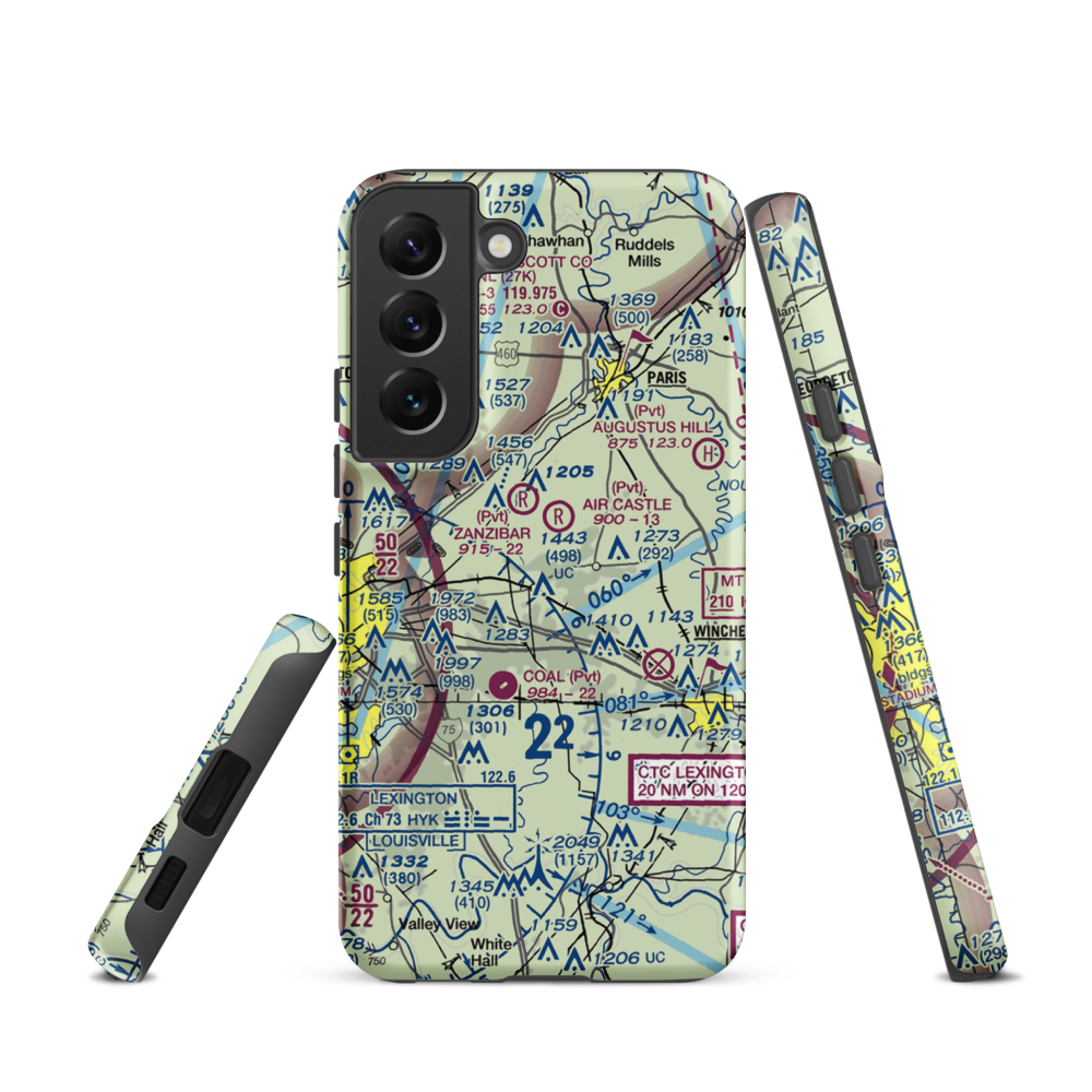 Blue Grass Station Army Heliport (LSD) VFR Sectional Samsung Phone Case Samsung Galaxy S22 model shown