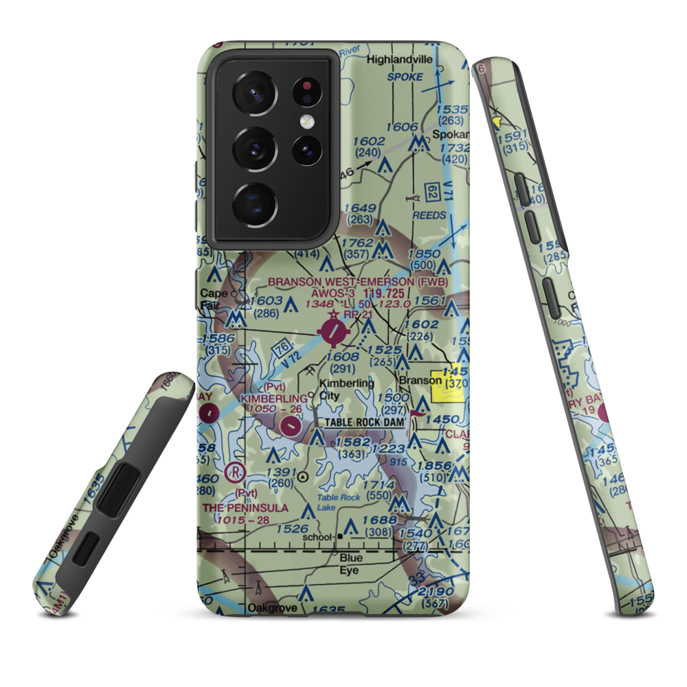 Branson West Airport (FWB) VFR Sectional Samsung Phone Case Samsung Galaxy S21 Plus model shown