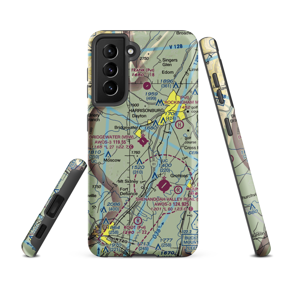 Bridgewater Air Park (VBW) VFR Sectional Samsung Phone Case Samsung Galaxy S21 FE model shown