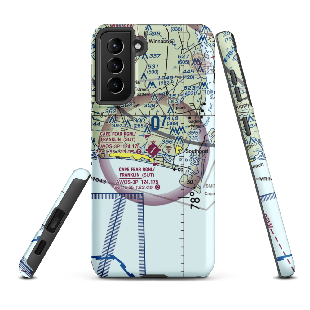 Brunswick County Airport (SUT) VFR Sectional Samsung Phone Case Samsung Galaxy S21 FE model shown