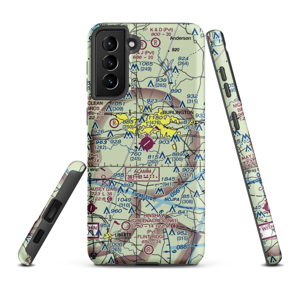 Burlington Alamance Regional Airport (BUY) VFR Sectional Samsung Phone Case Samsung Galaxy S21 Plus model shown