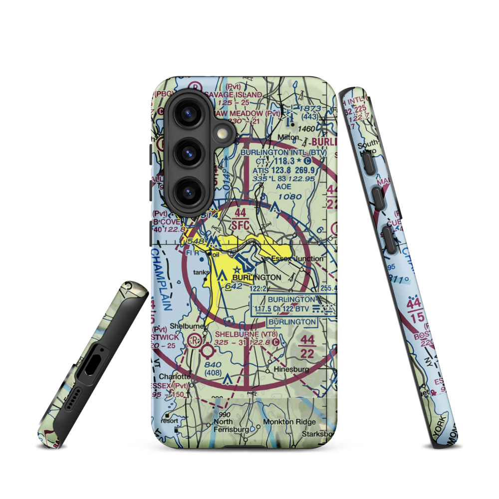 Burlington International Airport (BTV) VFR Sectional Samsung Phone Case Samsung Galaxy S24 model shown