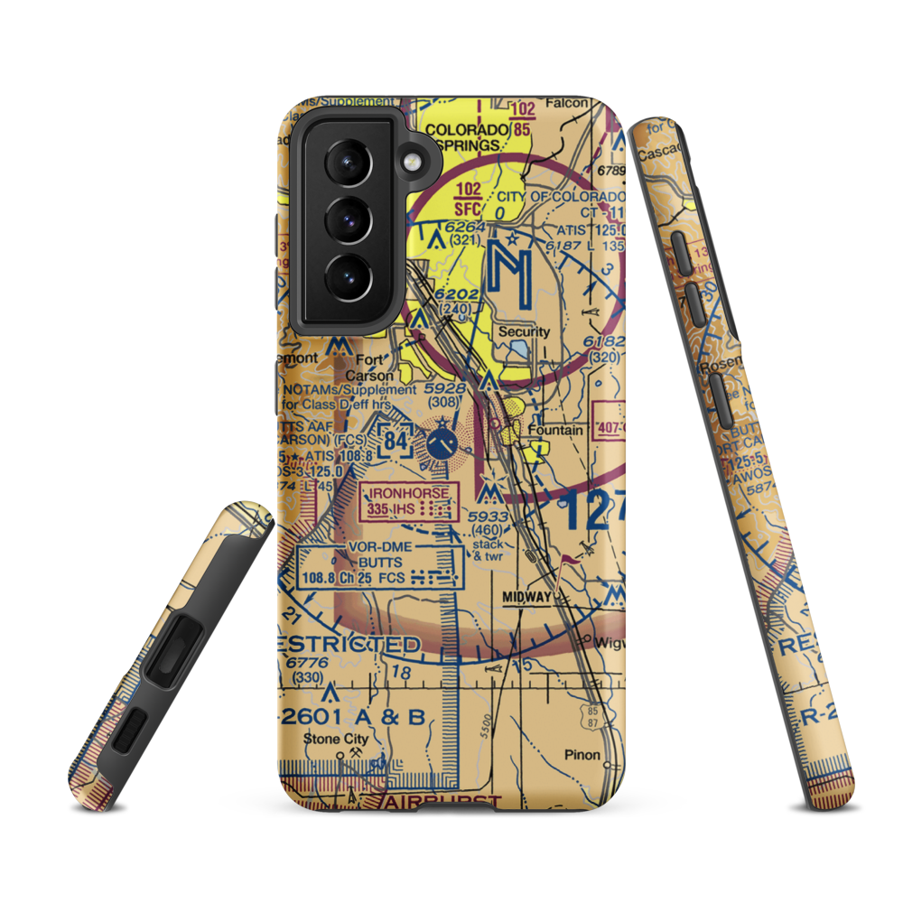 Butts AAF (Fort Carson) Air Field (FCS) VFR Sectional Samsung Phone Case Samsung Galaxy S21 FE model shown