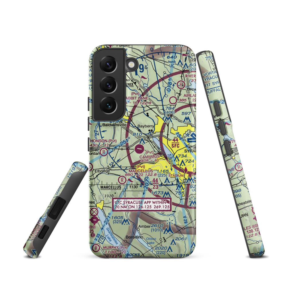 Camillus Airport (NY2) VFR Sectional Samsung Phone Case Samsung Galaxy S22 model shown