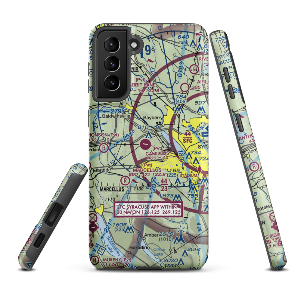 Camillus Airport (NY2) VFR Sectional Samsung Phone Case Samsung Galaxy S21 FE model shown