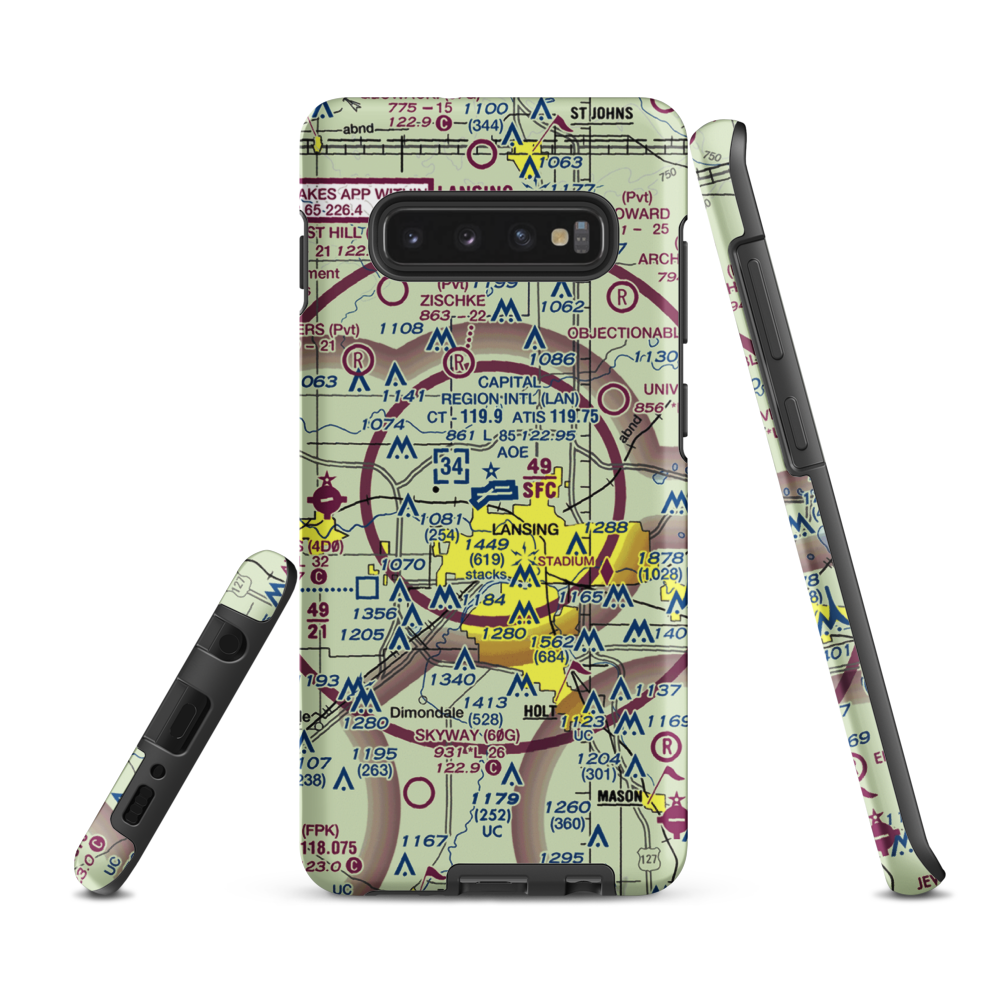 Capital City Airport (LAN) VFR Sectional Samsung Phone Case Samsung Galaxy S10 Plus model shown