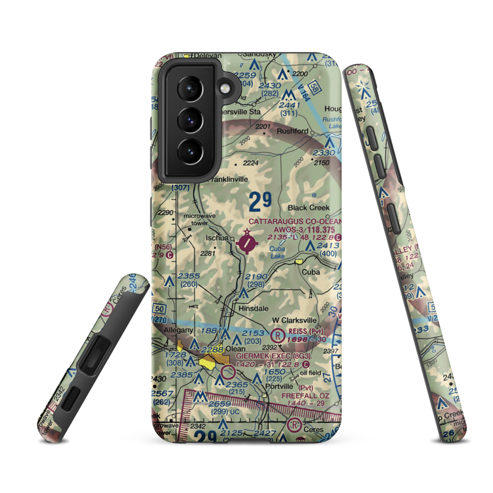 Cattaraugus County-Olean Airport (OLE) VFR Sectional Samsung Phone Case Samsung Galaxy S21 FE model shown