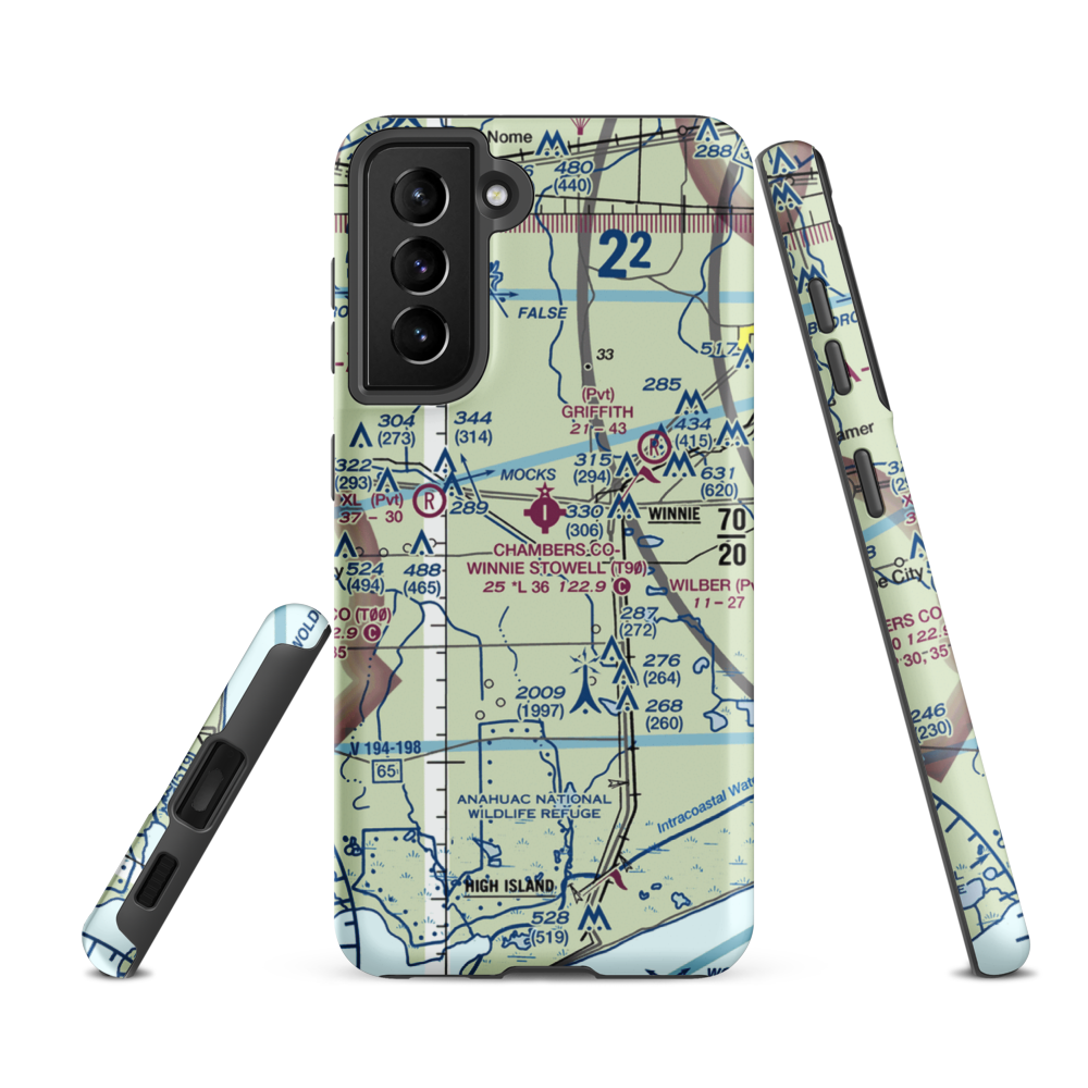 Chambers County Winnie Stowell Airport (T90) VFR Sectional Samsung Phone Case Samsung Galaxy S21 FE model shown