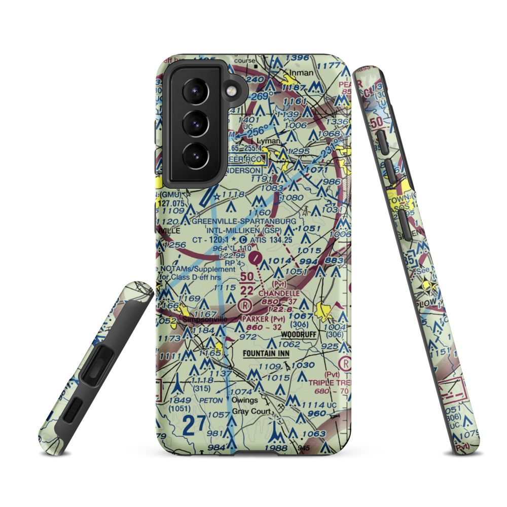 Chandelle Airport (SC72) VFR Sectional Samsung Phone Case Samsung Galaxy S21 FE model shown