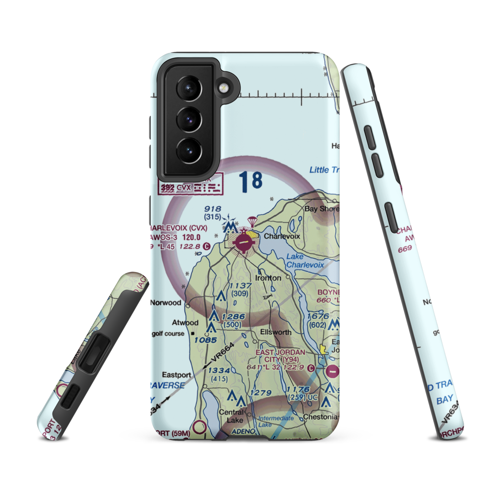 Charlevoix Municipal Airport (CVX) VFR Sectional Samsung Phone Case Samsung Galaxy S21 FE model shown