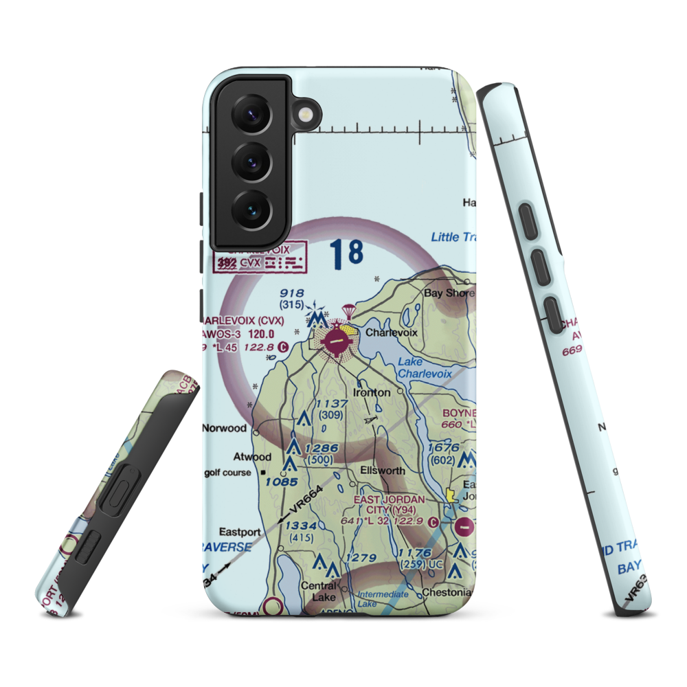 Charlevoix Municipal Airport (CVX) VFR Sectional Samsung Phone Case Samsung Galaxy S22 Plus model shown
