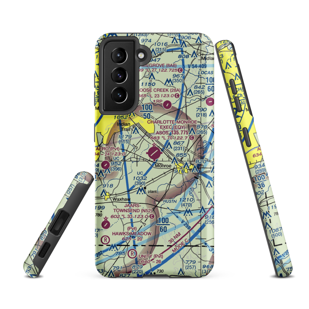 Charlotte-Monroe Executive Airport (EQY) VFR Sectional Samsung Phone Case Samsung Galaxy S21 FE model shown