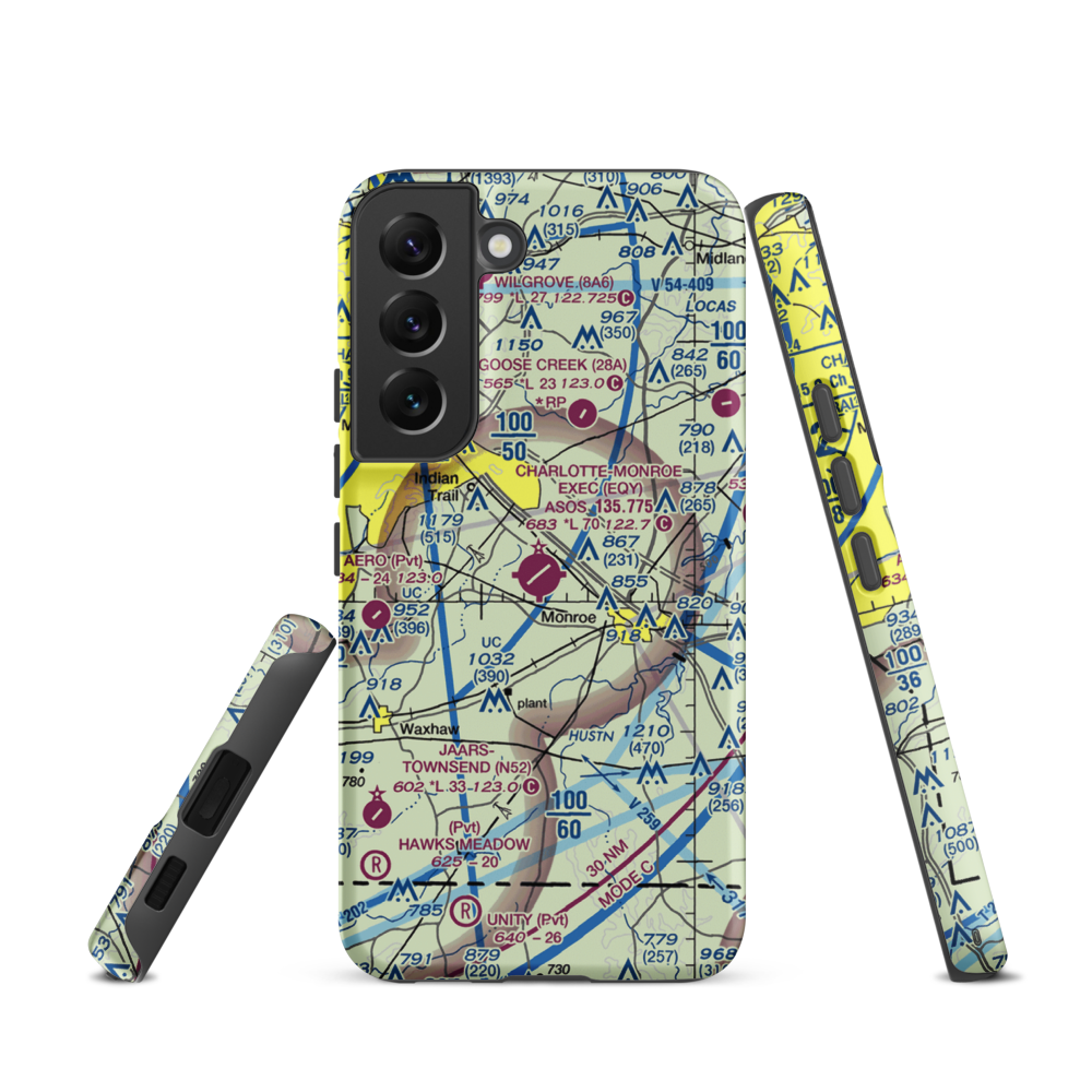 Charlotte-Monroe Executive Airport (EQY) VFR Sectional Samsung Phone Case Samsung Galaxy S22 model shown