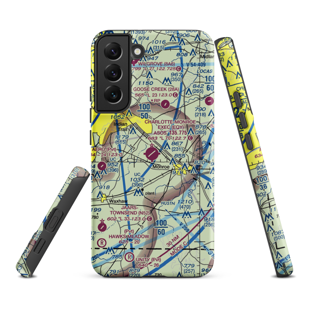 Charlotte-Monroe Executive Airport (EQY) VFR Sectional Samsung Phone Case Samsung Galaxy S22 Plus model shown