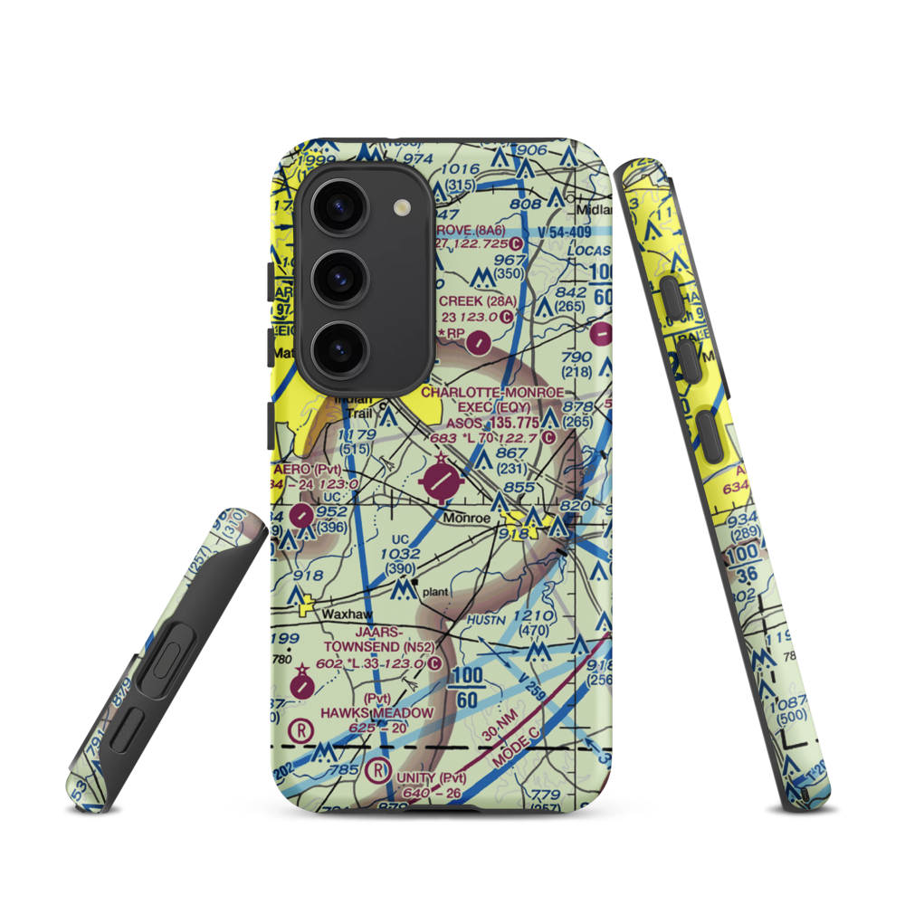 Charlotte-Monroe Executive Airport (EQY) VFR Sectional Samsung Phone Case Samsung Galaxy S23 model shown