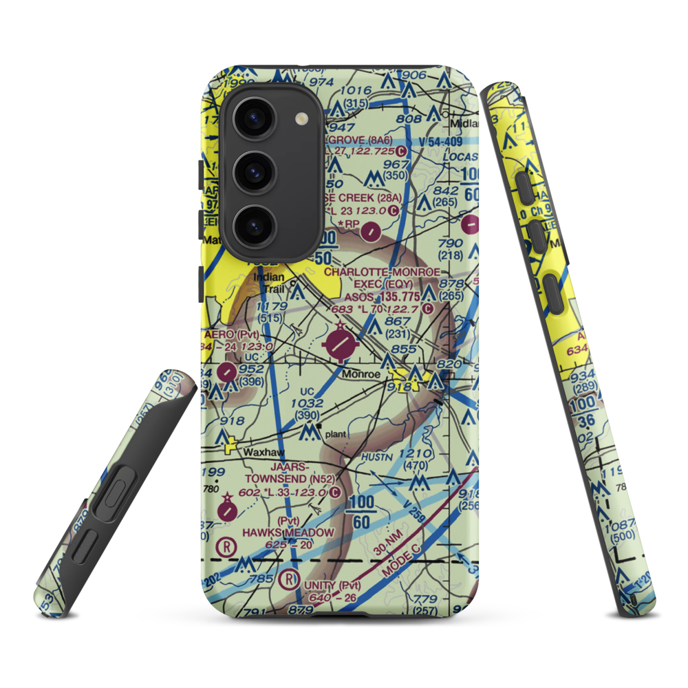 Charlotte-Monroe Executive Airport (EQY) VFR Sectional Samsung Phone Case Samsung Galaxy S23 Plus model shown