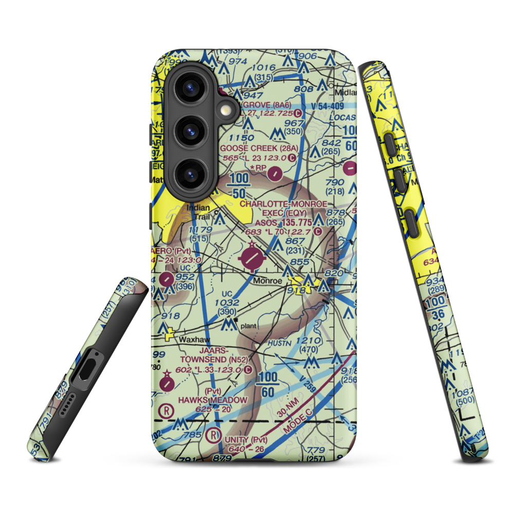 Charlotte-Monroe Executive Airport (EQY) VFR Sectional Samsung Phone Case Samsung Galaxy S24 Plus model shown