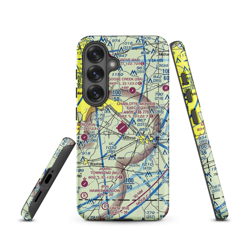Charlotte-Monroe Executive Airport (EQY) VFR Sectional Samsung Phone Case Samsung Galaxy S25 model shown