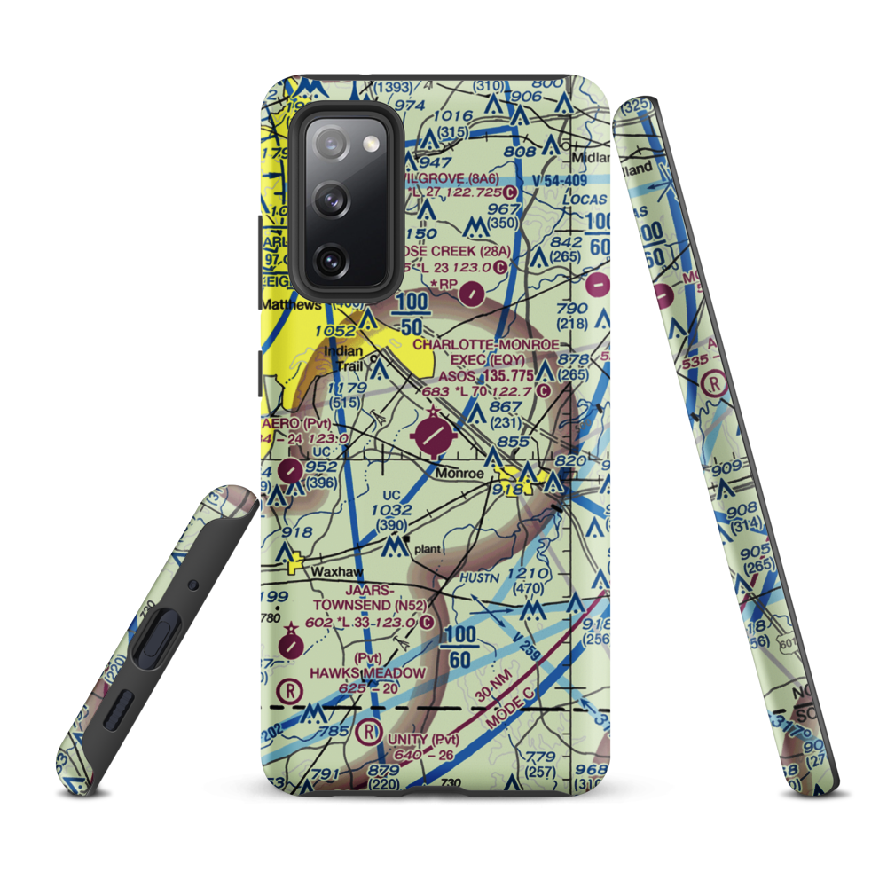 Charlotte-Monroe Executive Airport (EQY) VFR Sectional Samsung Phone Case Samsung Galaxy S20 FE model shown