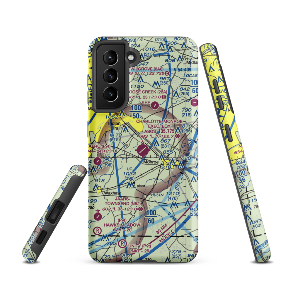 Charlotte-Monroe Executive Airport (EQY) VFR Sectional Samsung Phone Case Samsung Galaxy S21 model shown