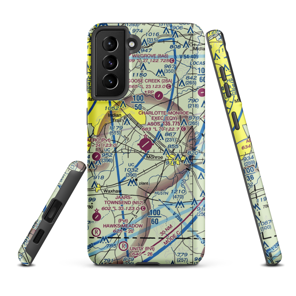 Charlotte-Monroe Executive Airport (EQY) VFR Sectional Samsung Phone Case Samsung Galaxy S21 Plus model shown