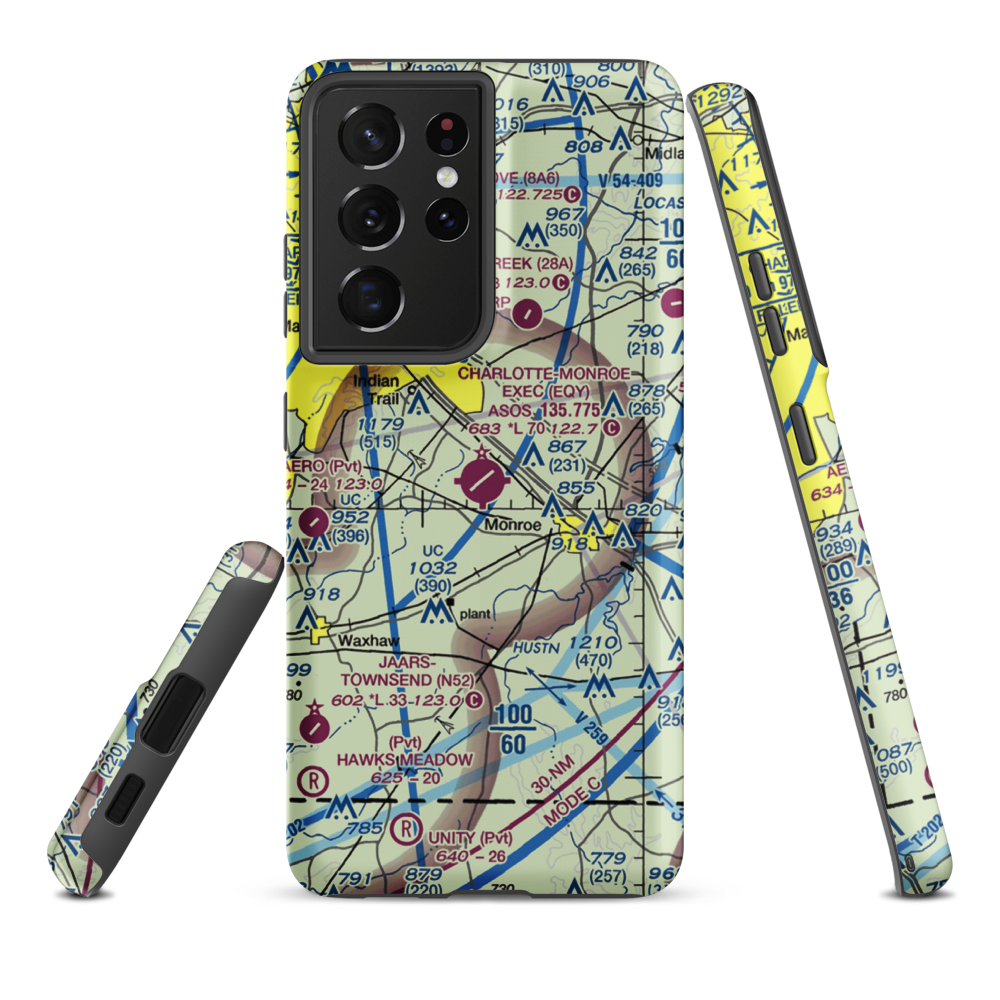 Charlotte-Monroe Executive Airport (EQY) VFR Sectional Samsung Phone Case Samsung Galaxy S21 Plus model shown