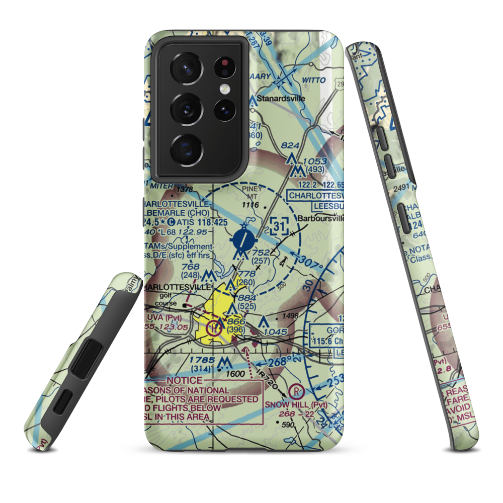 Charlottesville Albemarle Airport (CHO) VFR Sectional Samsung Phone Case Samsung Galaxy S21 Plus model shown