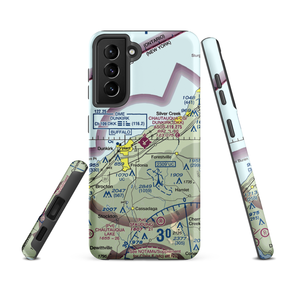 Chautauqua County-Dunkirk Airport (DKK) VFR Sectional Samsung Phone Case Samsung Galaxy S21 FE model shown
