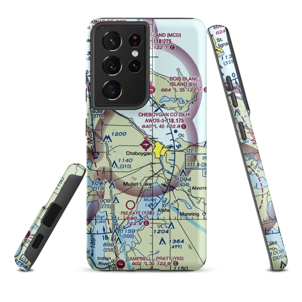 Cheboygan County Airport (SLH) VFR Sectional Samsung Phone Case Samsung Galaxy S21 Plus model shown