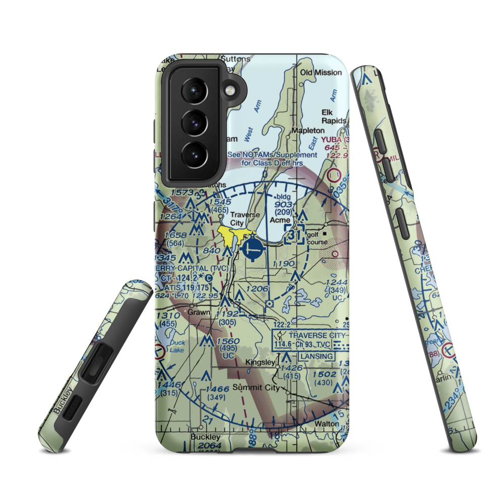 Cherry Capital Airport (TVC) VFR Sectional Samsung Phone Case Samsung Galaxy S21 FE model shown