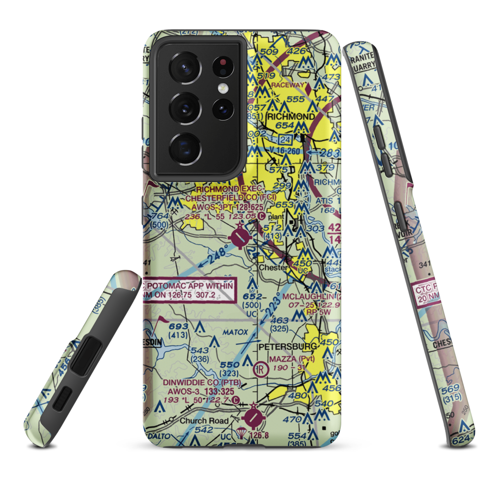 Chesterfield County Airport (FCI) VFR Sectional Samsung Phone Case Samsung Galaxy S21 Plus model shown