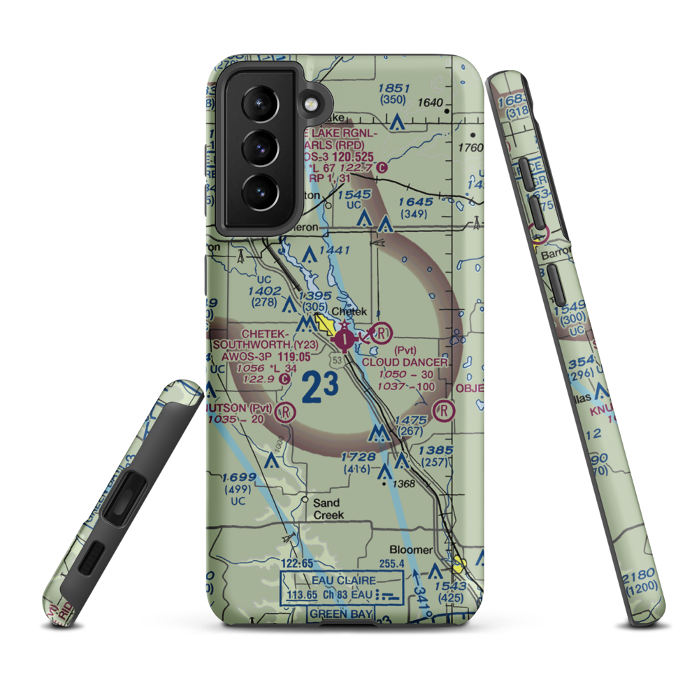 Chetek Municipal Southworth Airport (Y23) VFR Sectional Samsung Phone Case Samsung Galaxy S21 Plus model shown