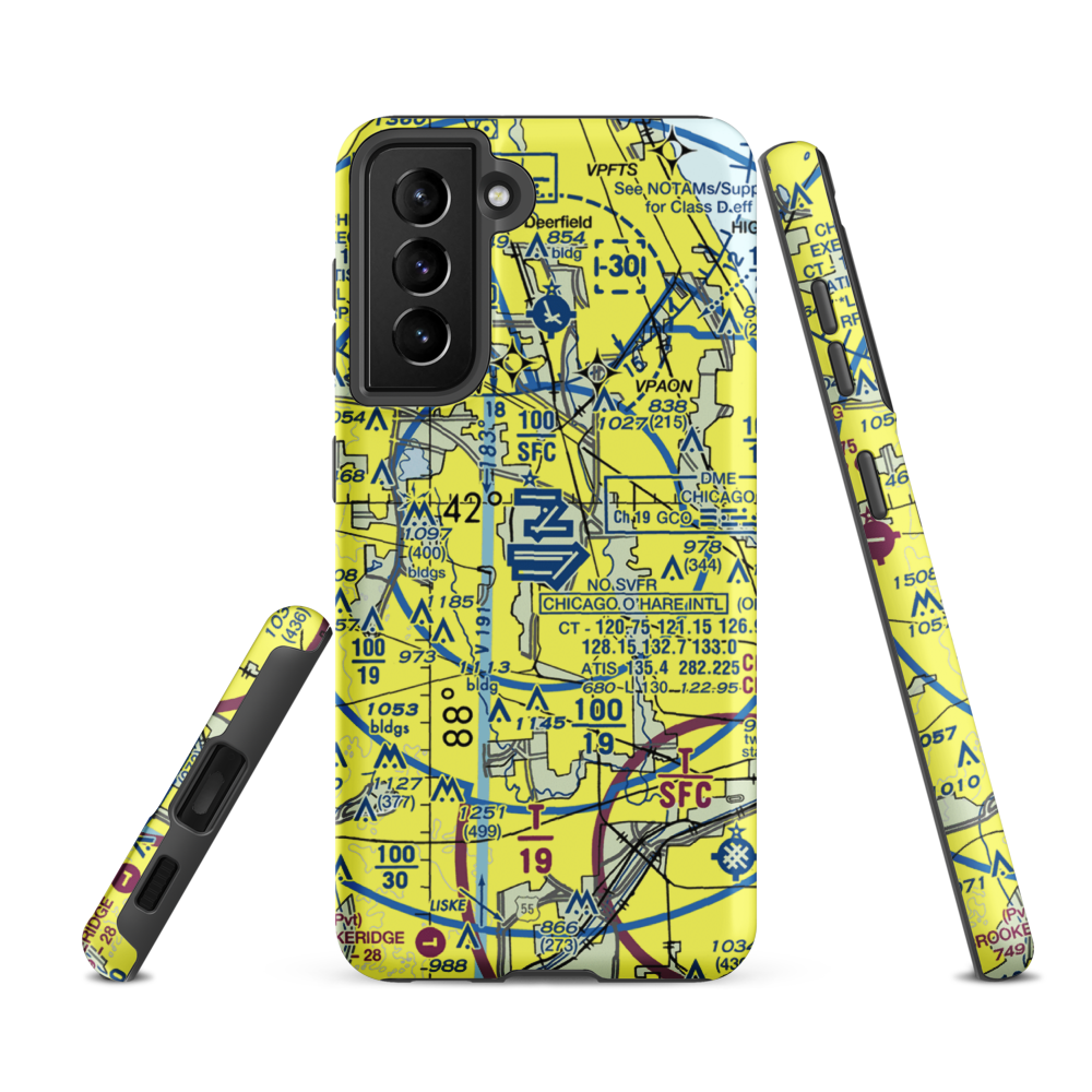 Chicago O'Hare International Airport (ORD) VFR Sectional Samsung Phone Case Samsung Galaxy S21 FE model shown