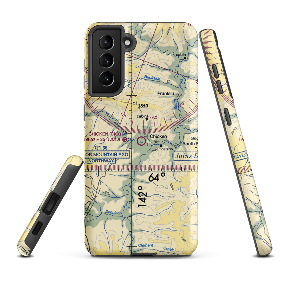 Chicken Airport (CKX) VFR Sectional Samsung Phone Case Samsung Galaxy S21 Plus model shown