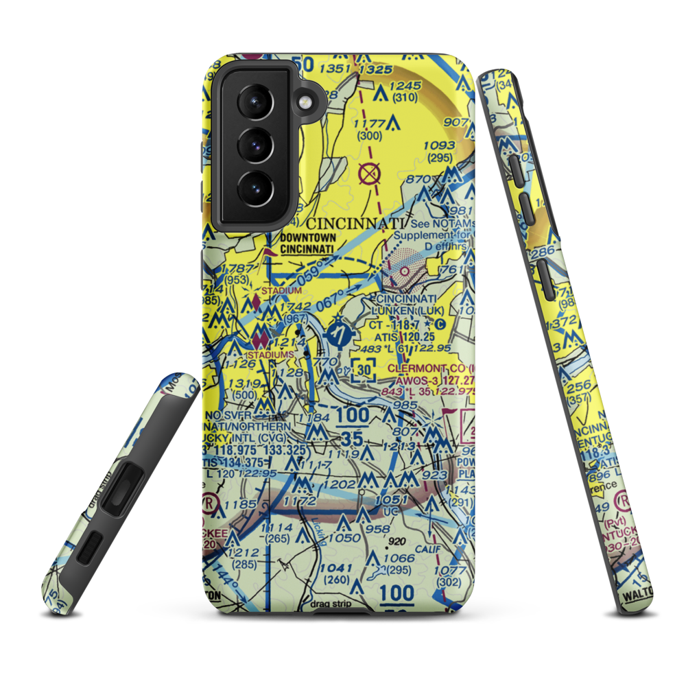 Cincinnati Municipal Airport Lunken Field (LUK) VFR Sectional Samsung Phone Case Samsung Galaxy S21 FE model shown