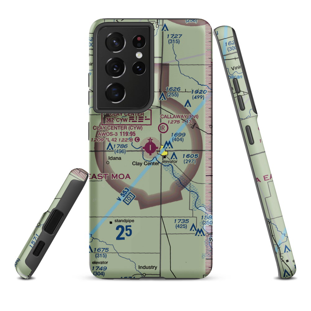 Clay Center Municipal Airport (CYW) VFR Sectional Samsung Phone Case Samsung Galaxy S21 Plus model shown