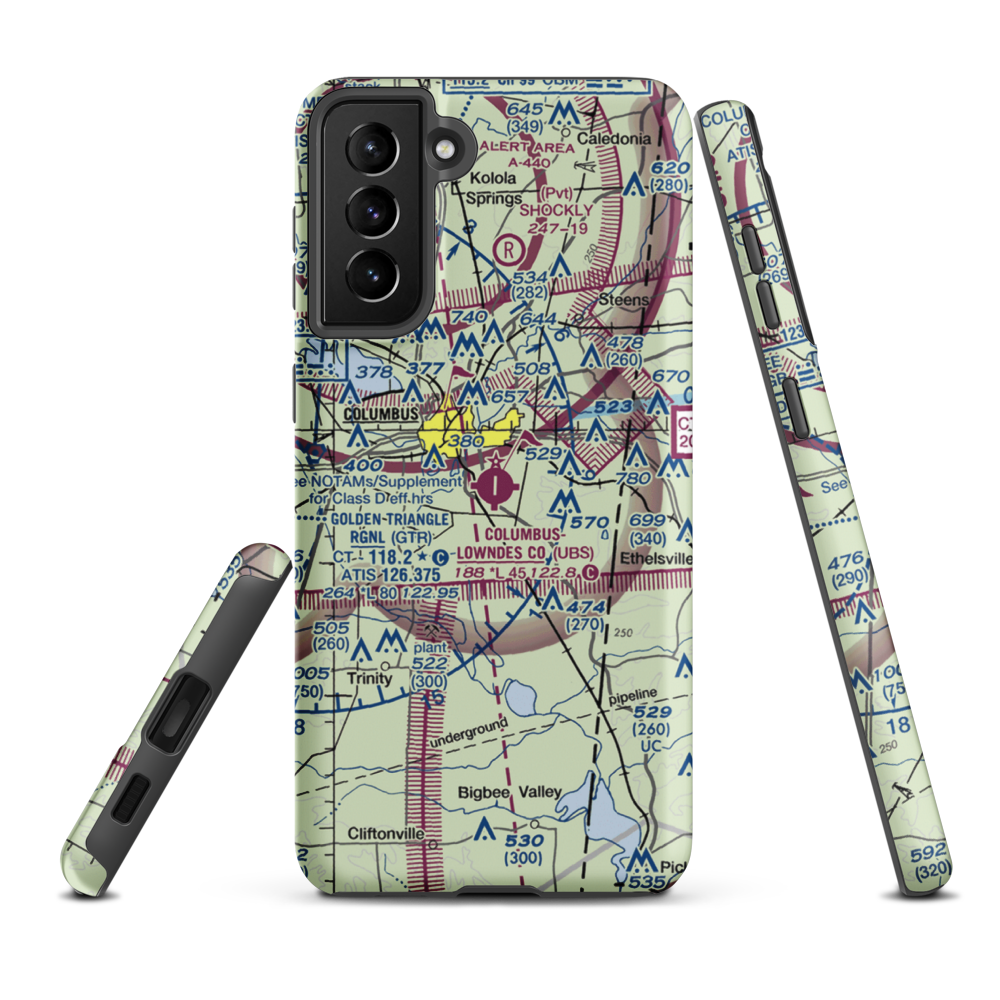 Columbus Lowndes County Airport (UBS) VFR Sectional Samsung Phone Case Samsung Galaxy S21 FE model shown