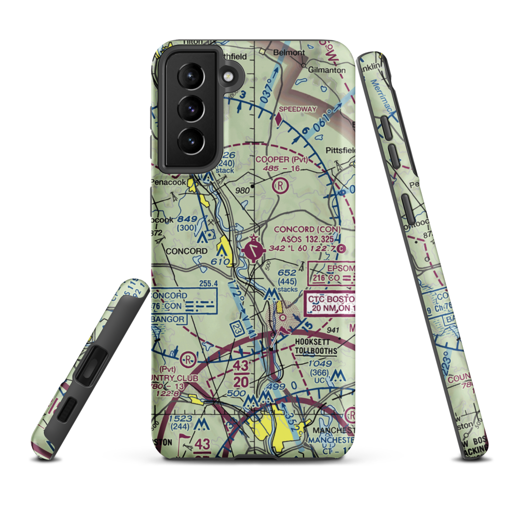 Concord Municipal Airport (CON) VFR Sectional Samsung Phone Case Samsung Galaxy S21 FE model shown