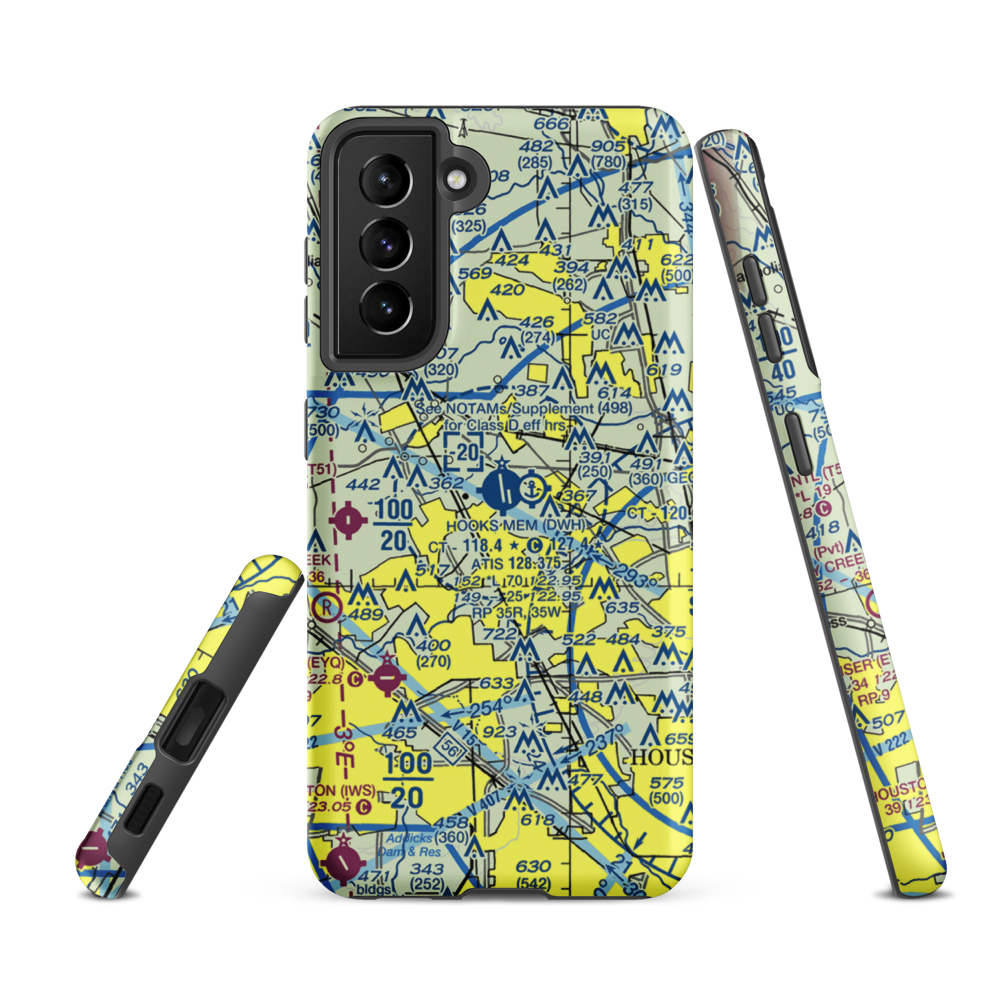 David Wayne Hooks Memorial Airport (DWH) VFR Sectional Samsung Phone Case Samsung Galaxy S21 FE model shown