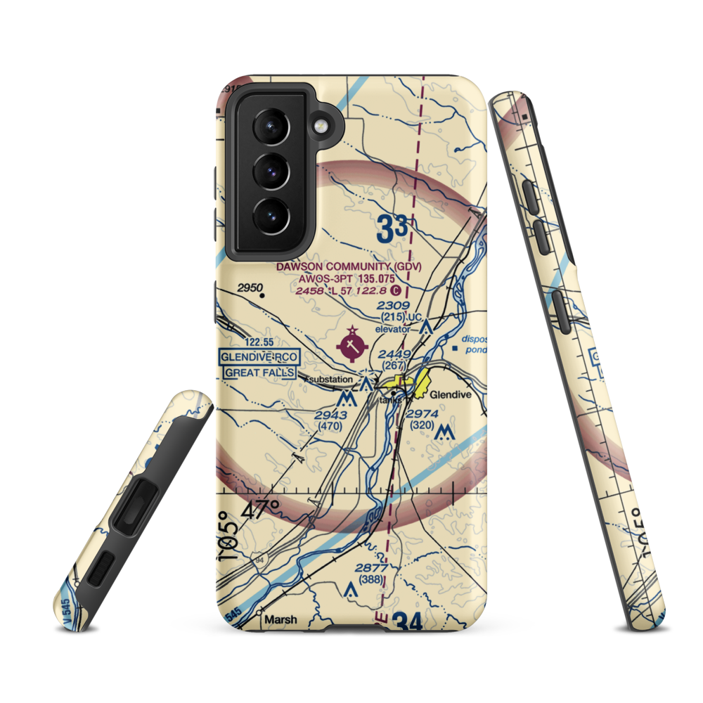 Dawson Community Airport (GDV) VFR Sectional Samsung Phone Case Samsung Galaxy S21 FE model shown