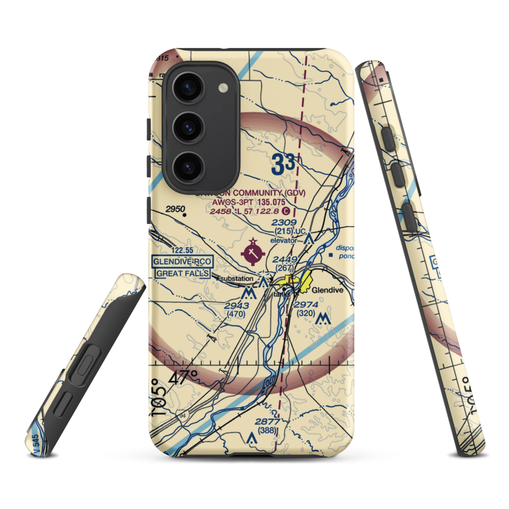 Dawson Community Airport (GDV) VFR Sectional Samsung Phone Case Samsung Galaxy S23 Plus model shown